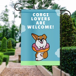 Cute Corgi Welcome Garden Flag | Funny Dog And Pet Lover Illustration Gift | Pembroke Welsh Corgi Yard Flag | Corgi Mom Gift