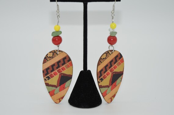 African Design Pattern Wooden Earrings Handcrafted From South