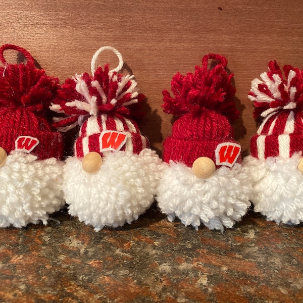 Wisconsin college sports fan gnome ornaments (set of 4), Wisconsin decor, university ornament,  football gnome
