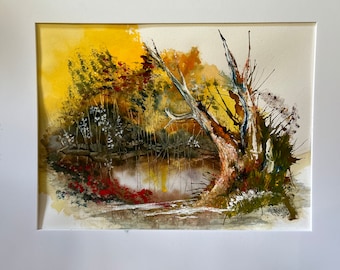 Original signed, watercolor, landscape painting, “Autumn Pond”, 24 x 18 unframed artwork