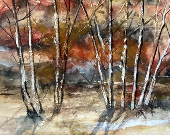 Watercolor, original, signed, painting, “Birch Trees in Fall”, 24 x 18 unframed artwork