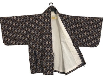 Vintage Haori Noragi Kimono Hanten Jinbei Japanese Brand Cardigan Happi Jacket Checked Motifs Design Size L XL YA795