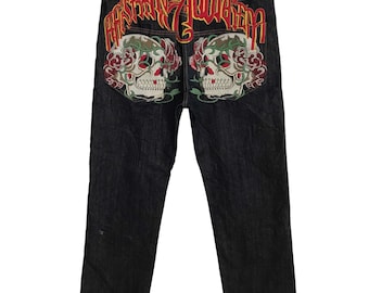 Vintage Ed Hardy Denim di Christian Audigier Ricamo Teschio Osso Logo Arte Adatta Taglia 34 35 Designer Streetwear Brand Z049