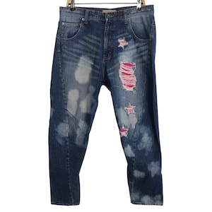 Vintage Japanese Brand Hop Hips Ripped Distressed Indigo Denim Fits Size 34 Inspired Designer Streetwear Unisex Wear Z028