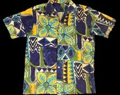 Rare Vintage 90s Aloha Hawaiian Rayon Pa ani Floral Art All Over Printed Button Down Shirt Streetwear Designer Fits Size L XL i670