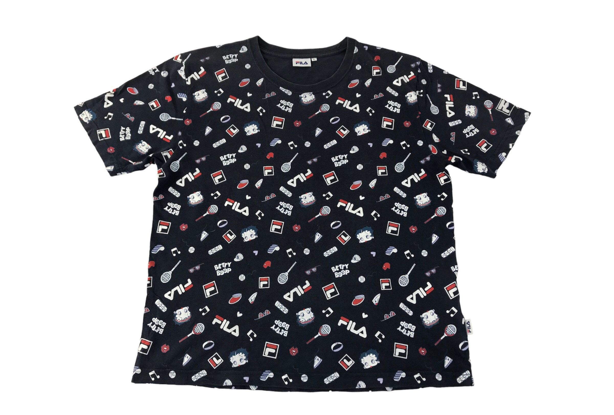 Vintage Style Betty Boop X Fila Over Printed Multicolour Logo Tee T-shirt Inspired Designer Streetwear Fits Size L C516j