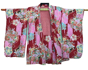 Mega Sale!!! Vintage Noragi Kimono Hanten Jinbei Japanese Haori Happi Jacket Tomesode Silk Floral Size S B1021