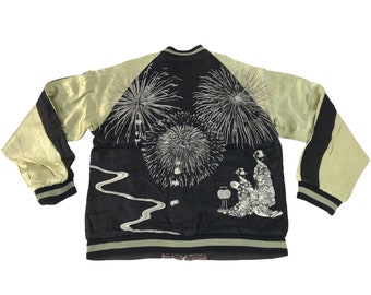 Vintage marca japonesa Sukajan chaqueta de recuerdo reversible Geisha bordado fuegos artificiales streetwear inspirado diseñador se adapta a la talla M YA715