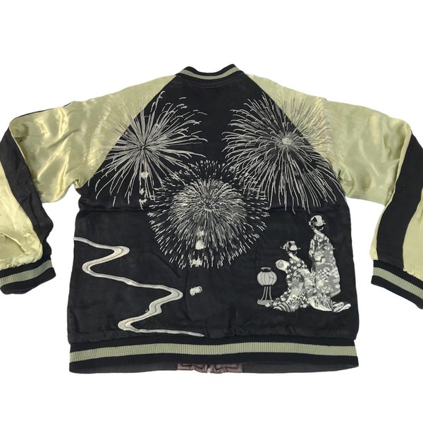 Vintage japanische Marke Sukajan Souvenir Jacke Reversible Geisha Stickerei Feuerwerk Streetwear inspiriert Designer passt Größe M YA715