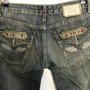 Vintage Robin Robin’s Jeans California Distressed Spike Art Whisker Indigo Denim Straight Cut Size 28 29 Bikers Racing YA501j