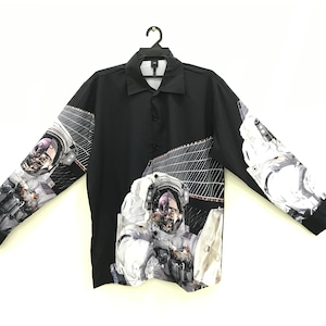Astronauta Futurista Ovp Gran Pantalla Impreso Motivo Botón Abajo Camisa Arte Diseño Estilo Inspirado Diseñador Marca Streetwear L XL