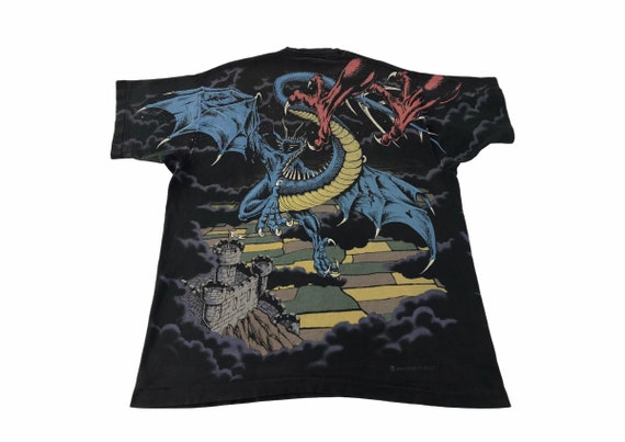 Vintage 90s Rare Liquid Blue Fighting Duel Dragon Overprinted Made