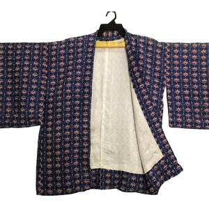 May include: A navy blue kimono with a repeating pink floral pattern. The kimono is open, revealing a white interior with a subtle pattern. It hangs on a black hanger against a white background.