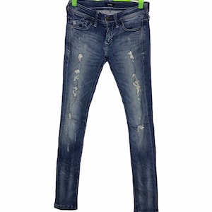 Vintage Style Distressed Indigo Denim Jeans Emoda Mark Styler Low Rise Skinny Fits Size 26 27 Inspired Japan Designer Streetwear Brand i348