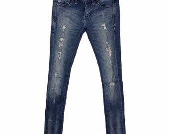 Vintage stijl noodlijdende indigo denim jeans Emoda Mark Styler lage taille skinny past maat 26 27 geïnspireerd Japan ontwerper streetwear merk i348