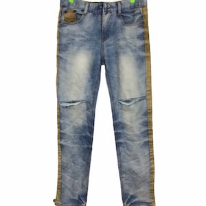 Vintage Distressed Indigo Denim Jeans Two Tone Custom Patchwork Acid Wash Fits Size 31 32 Inspired Luxury Designer Streetwear Brand i355