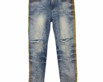 Vintage Distressed Indigo Denim Jeans Two Tone Custom Patchwork Acid Wash Fits Size 31 32 Inspired Luxury Designer Streetwear Brand i355