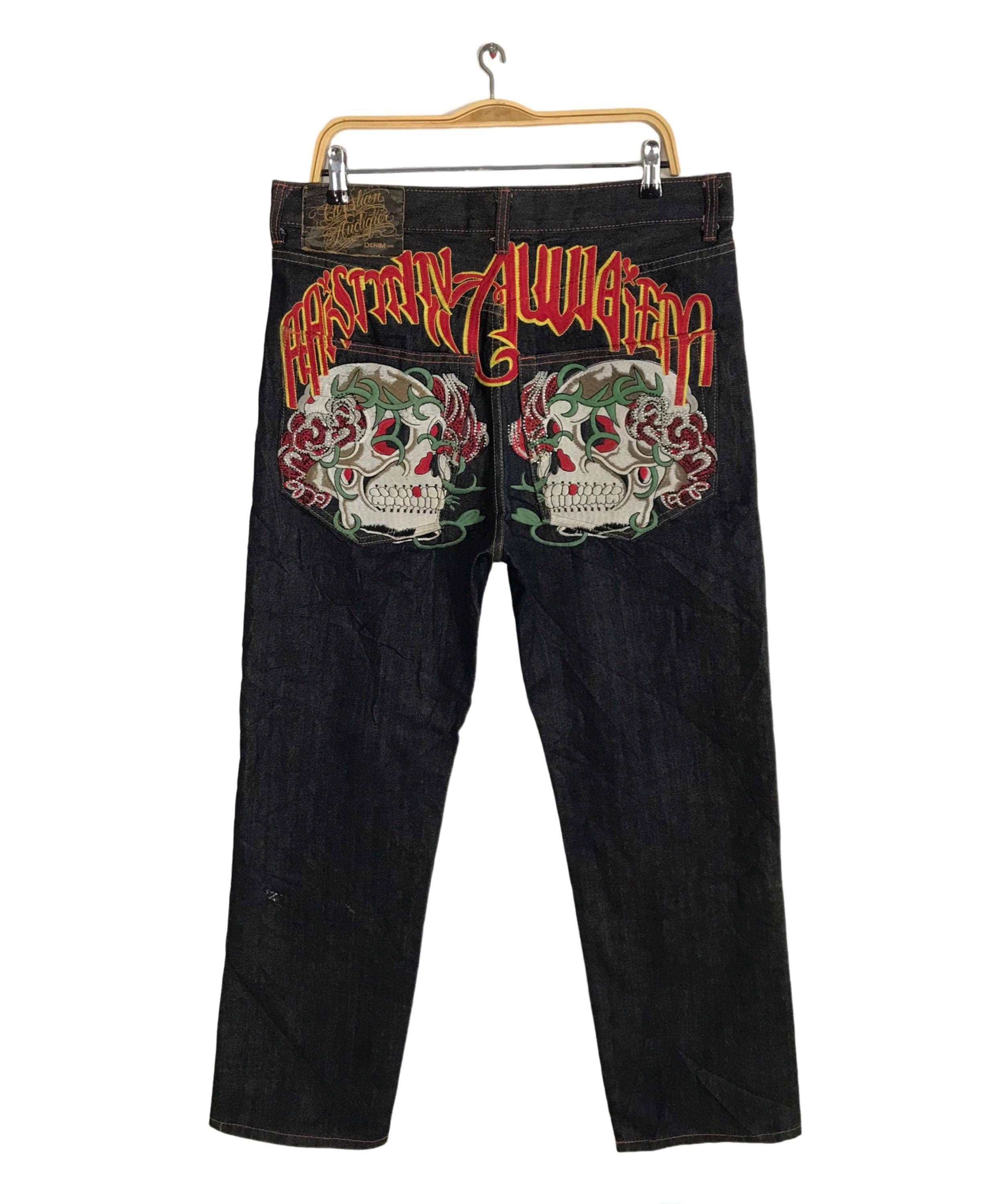 Vintage Ed Hardy Denim by Christian Audigier Embroidery Skull Bone
