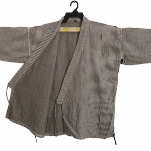 Vintage Japanese Traditional Noragi Kimono Haori Hanten Jinbei Cardigan Happi Jacket Robe Size S M Striped Design C482 Gray