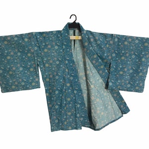 Vintage Japanese Traditional Noragi Kimono Haori Hanten Jinbei Cardigan Happi Jacket Size XL Floral Shibori Design C173 Light Blue
