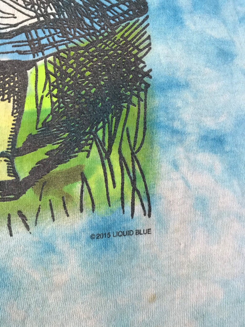 Peut inclure: Un t-shirt tie-dye avec un motif bleu et blanc semblable &agrave; un ciel. Le t-shirt pr&eacute;sente un motif graphique noir et vert. Le texte "&copy;2015 LIQUID BLUE" est imprim&eacute; au bas du t-shirt.