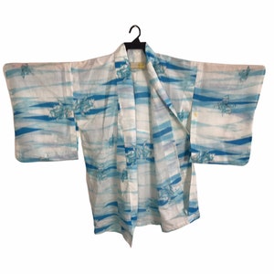 Vintage Japanese Traditional Noragi Kimono Haori Hanten Jinbei Cardigan Happi Jacket Size XL Floral Design Motifs C184 White/Blue