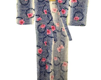 Vintage Haori Noragi Kimono Japanese Cardigan Happi Jacket Traditional Robe Sashiko Jinbei Size L XL Floral Wave Art B1085