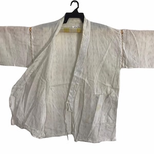 Vintage Haori Jinbei Kimono Japanese Cardigan Happi Jacket Traditional Robe Noragi Hanten Size M L Striped Design C159 White