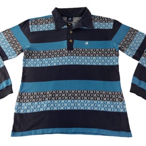 T-shirt polo a maniche lunghe a righe Hang Ten vintage anni '90, ispirata allo streetwear di design, unisex, taglia M E609