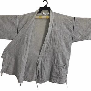 Vintage Haori Jinbei Kimono Japanese Cardigan Happi Jacket Traditional Robe Noragi Hanten Size L XL Checked Design C160 Grey