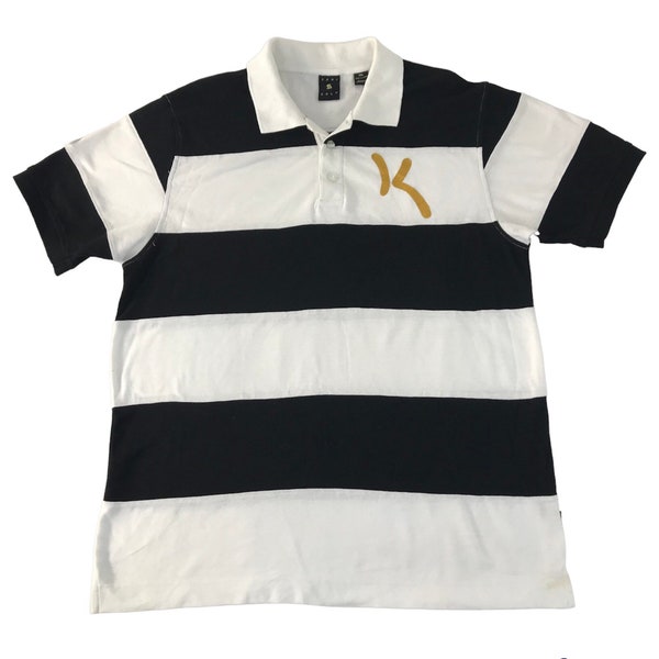 Vintage Karl Kani Gold Striped Colour Block White Black Design Polo Tee T-shirt Inspired Designer Sportswear Streetwear Size XXL YA278J