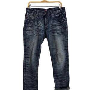Vintage Japanese Brand Distressed Lyric Whisker Indigo Denim Straight Cut Fits Size 33 Inspired Designer Streetwear Unisex Wear Brand Z017