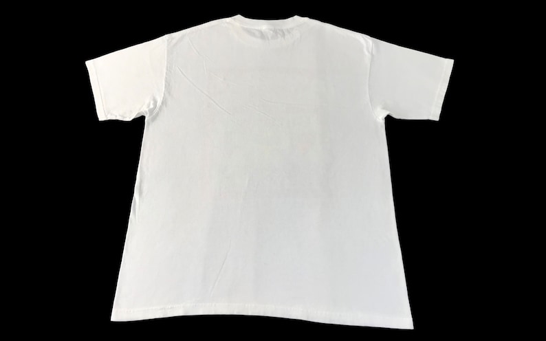 May include: A plain white t-shirt, viewed from the back, against a black background. The short-sleeved shirt is made of a soft material and has a crew neck. The fabric has subtle wrinkles.
