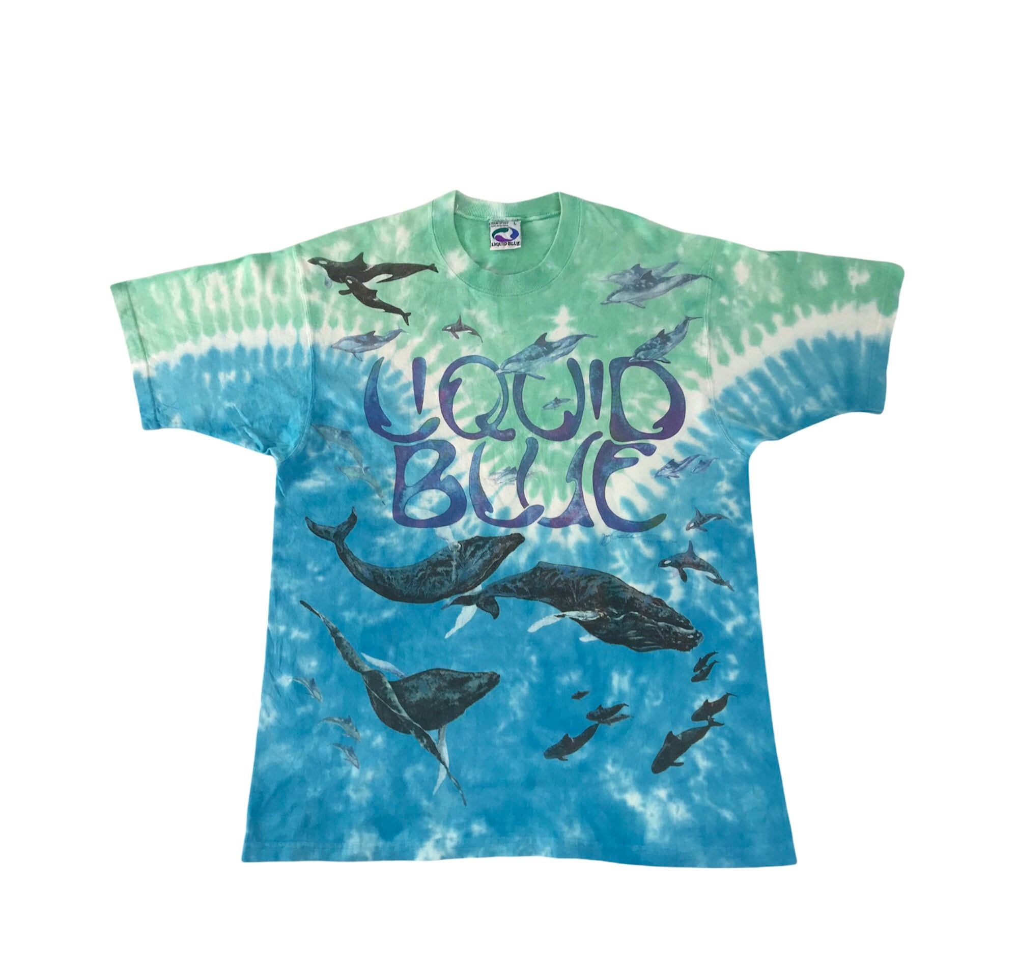 Vintage 90s Whale Dolphin Art Over Printed 1995 by Liquid Blue 