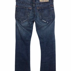 Vintage True Religion Made In USA Straight Cut Button Fly Distressed Indigo Denim Jeans Fits Size 32 33 34 Luxury Designer Streetwear i596
