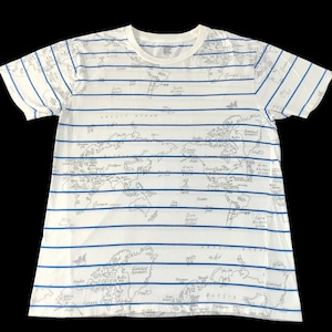 May include: White t-shirt with a world map design. The shirt features blue horizontal stripes and a detailed map print in gray. The round-neck tee is a casual wear item.