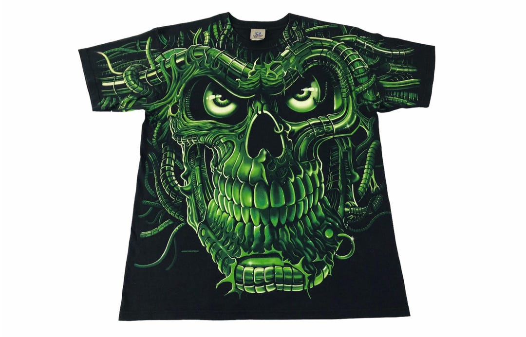 tシャツ A'GEM/9 × .kom「TricuspidC/トライカスピッドシー」Dark skull front design mode loos Vintage 90s Green Terminator Skull Bone Travis Scott Liquid
