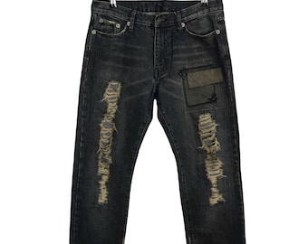 Vintage Japanese Brand Solberry Distressed Patchwork Indigo Denim Jeans Straight Cut Fits Size 32 Streetwear F129