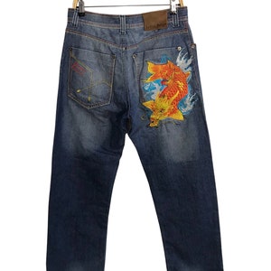 Vintage Artful Dodgers Embroidery Koi Dragon Fish Tattoo Straight Cut Indigo Denim Pant Size 30 31 Streetwear Designer YA505j