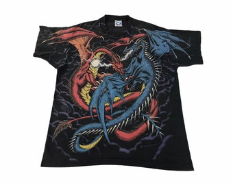 Vintage 90s Rare Liquid Blue Fighting Duel Dragon Overprinted Made In Usa Printed Tee T-shirt Inspired Designer Fits Size XL YA0106j