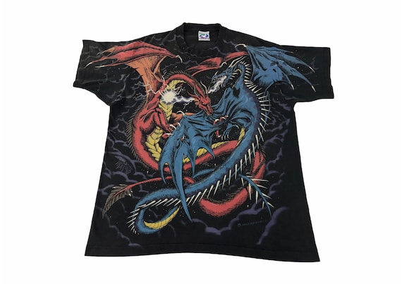 Vintage 90s Rare Liquid Blue Fighting Duel Dragon Overprinted Made