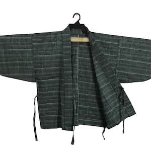 Vintage Noragi Haori Kimono Japanese Traditional Cardigan Happi Jacket Robe Dress Hanten Jinbei Sashiko Fits Size L Horizontal Design YA631