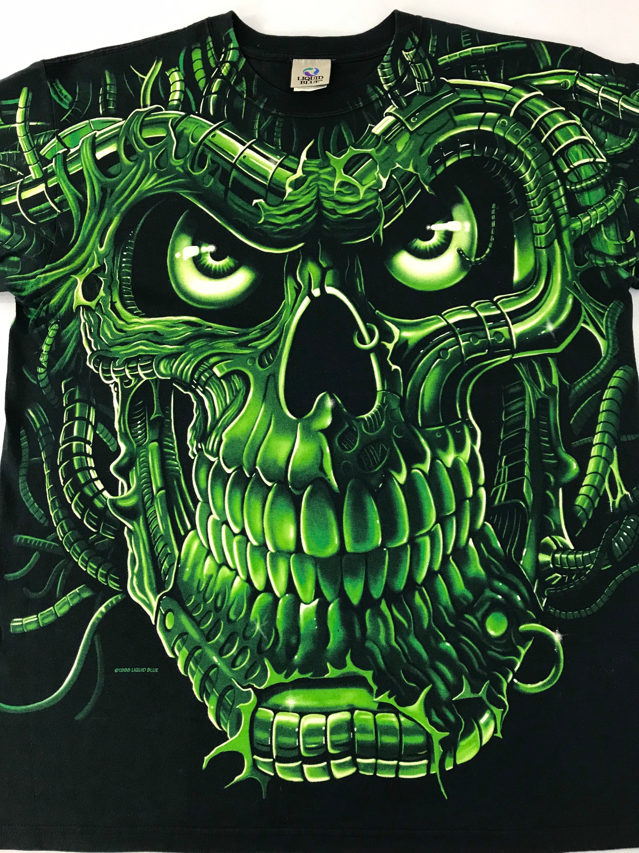 Vintage 90s Green Terminator Skull Bone Travis Scott Liquid Blue