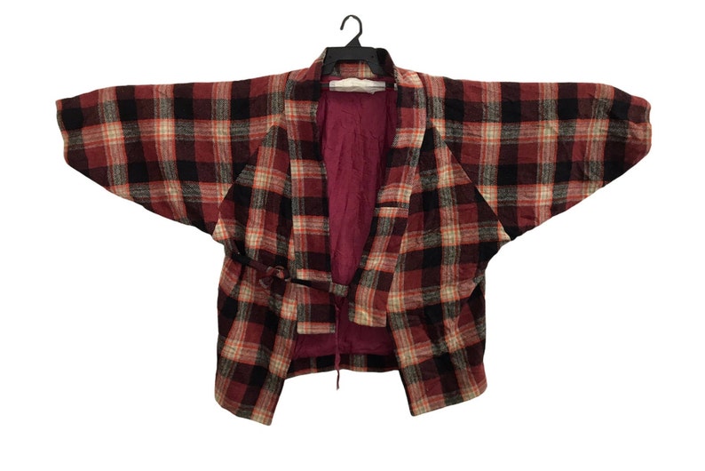 Vintage Padded Noragi Kimono Haori Hanten Jinbei Japanese Cardigan Happi Jacket Y136 Plaid Check Crochet Tartan FREE SHIPPING Everywhere