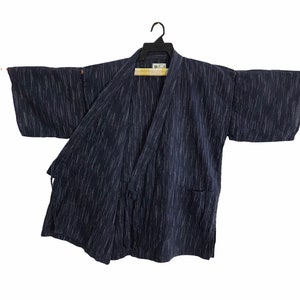 Vintage Japanese Traditional Noragi Kimono Haori Hanten Jinbei Cardigan Happi Jacket Size XL Striped Motifs Design C177 Blueblack