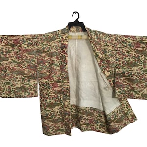 Vintage Noragi Kimono Hanten Jinbei Japanese Traditional Haori Cardigan Happi Jacket Cityscapes Motifs XL L YA389
