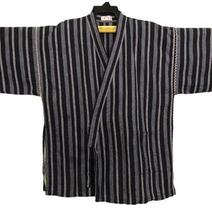 Vintage Jinbei Haori Noragi Kimono Japanische Strickjacke Happi Jacke Traditionelle Robe Kleid Sashiko Hanten Größe L XL B682 Blau Gestreift
