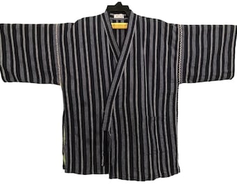 Vintage Jinbei Haori Noragi Kimono Cardigan giapponese Happi Giacca Abito tradizionale Sashiko Hanten Taglia L XL B682 Blu a righe