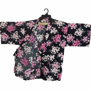 Mega Sale!!! Vintage Noragi Kimono Hanten Jinbei Japanese Haori Cardigan Happi Jacket Floral Motifs Size XL C296 Black/Pink