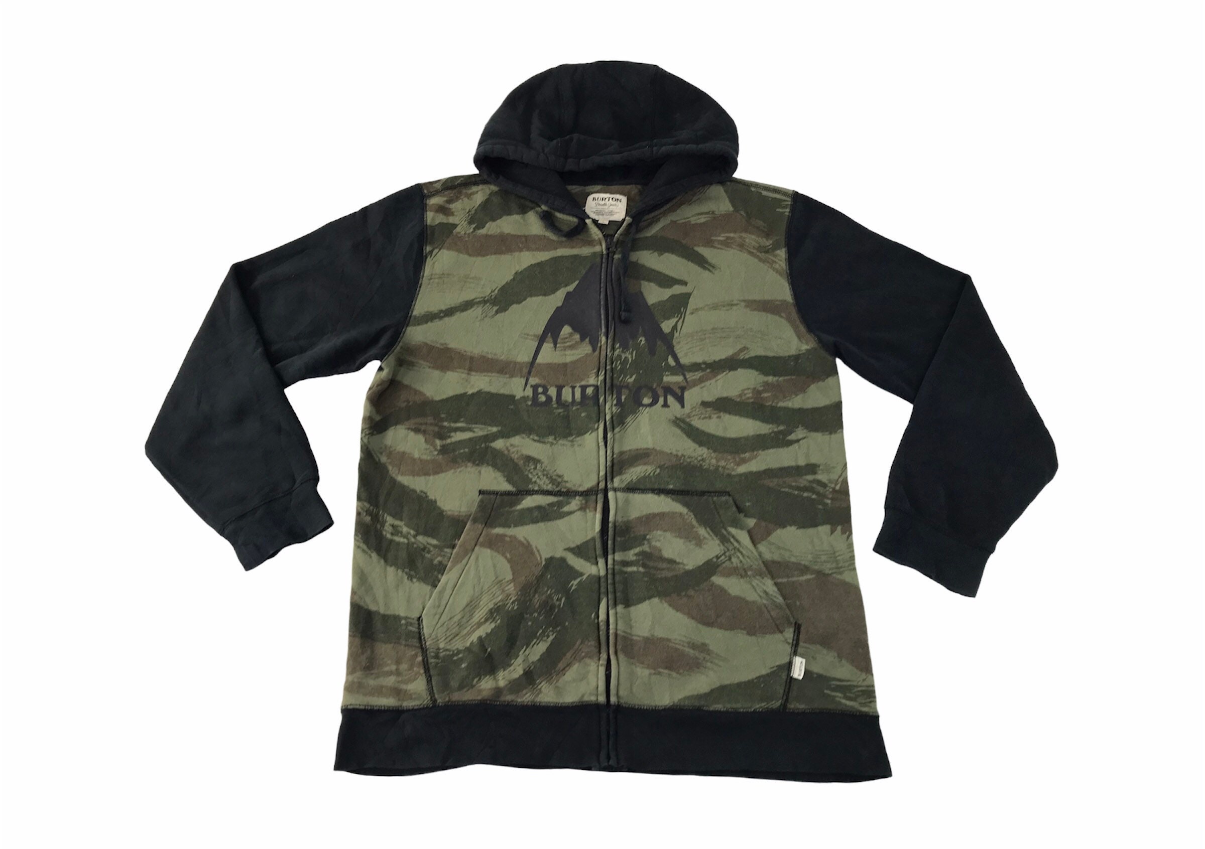 Vintage Burton Green Camo Hoodies Full Zip Spell Out Big Logo